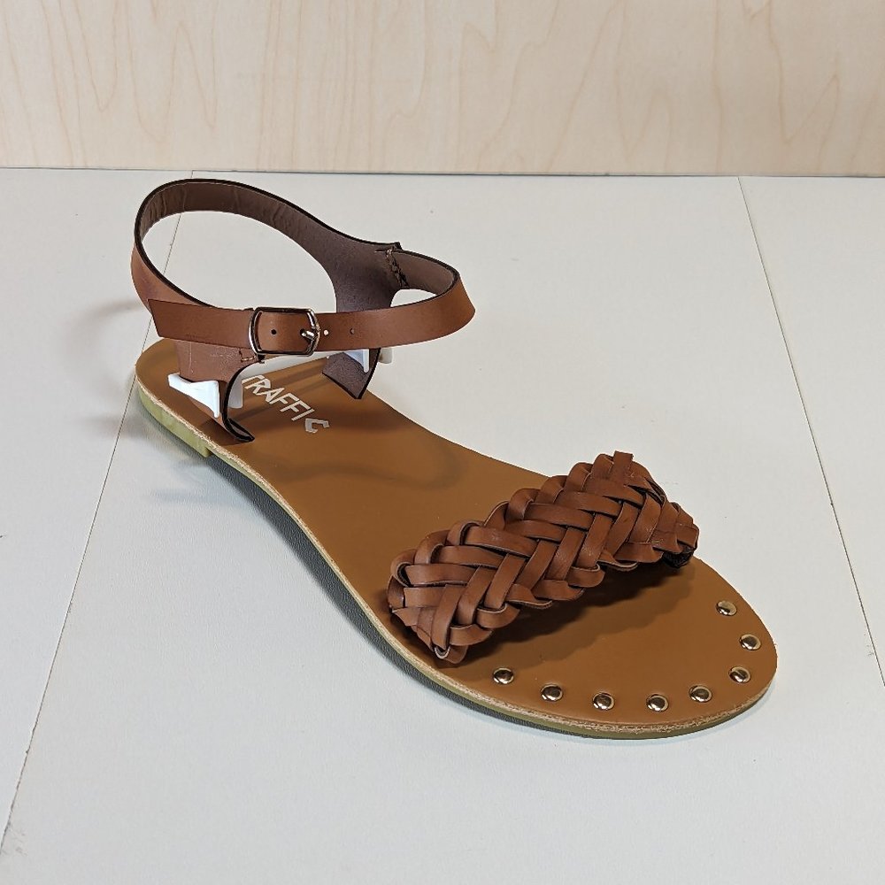 Traffic Women Jazzy Studded Decor Braid Ankle Strap Summer Sandals - Tan